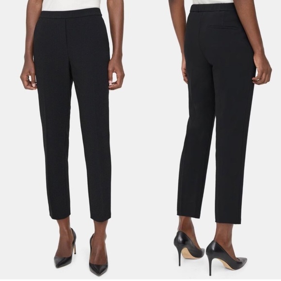 Theory Treeca Crepe Pull On Pants in Black Ankle Crop Pleated Dress Pant Career - Picture 1 of 5